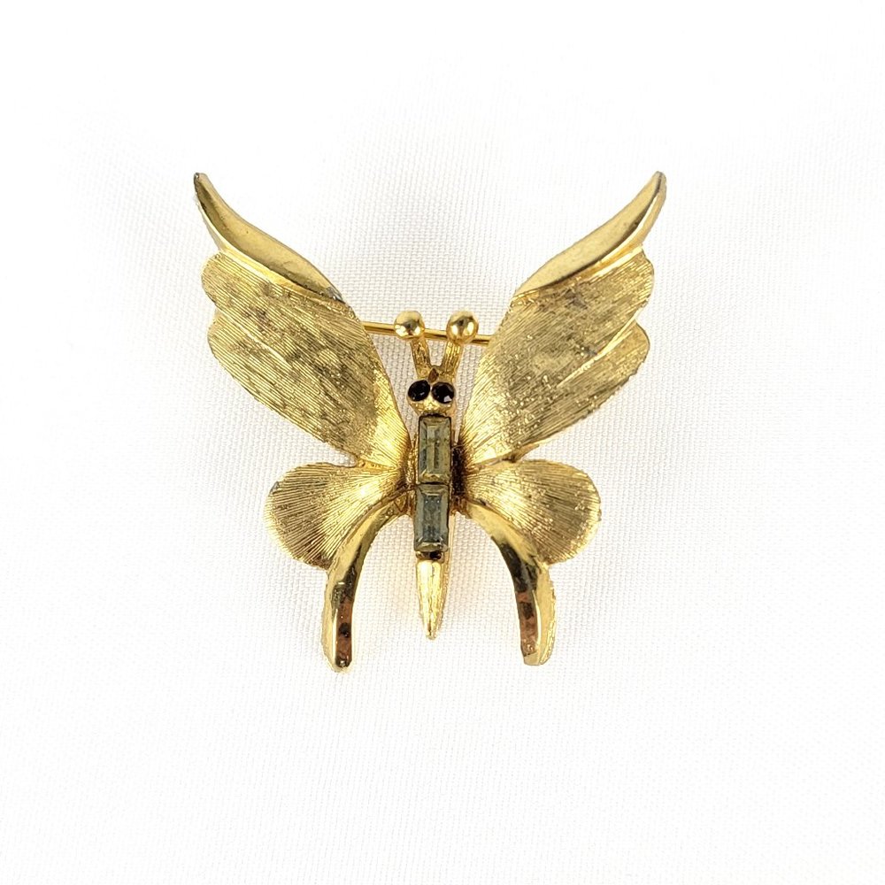 Vintage Gold Tone Brushed Jeweled Butterfly Brooch